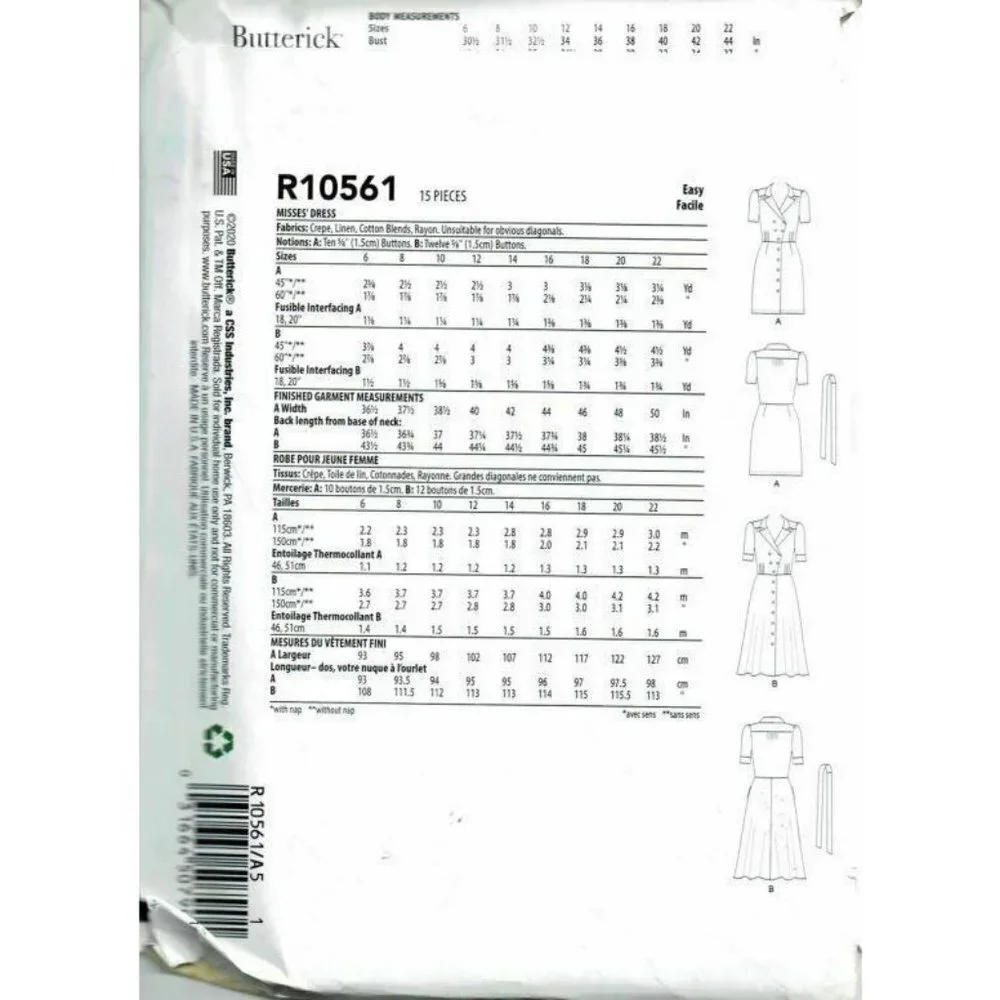Butterick Sewing Pattern 6726 10561 Misses‎ Dress Size 14-22